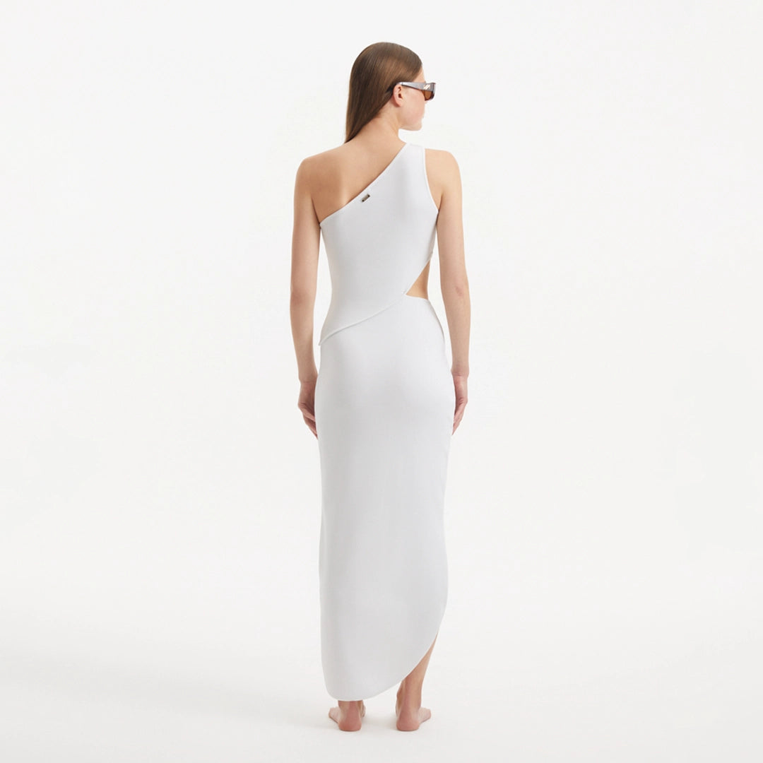 Shore White One-Shoulder Maxi Knitted Dress with Cut-Out Details | Moeva | RTW Dresses | Each week unveils new pieces—luxury swimwear, fluid resort silhouettes, and elevated summer-to-evening essentials designed to carry you from coastal escapes to city nights.