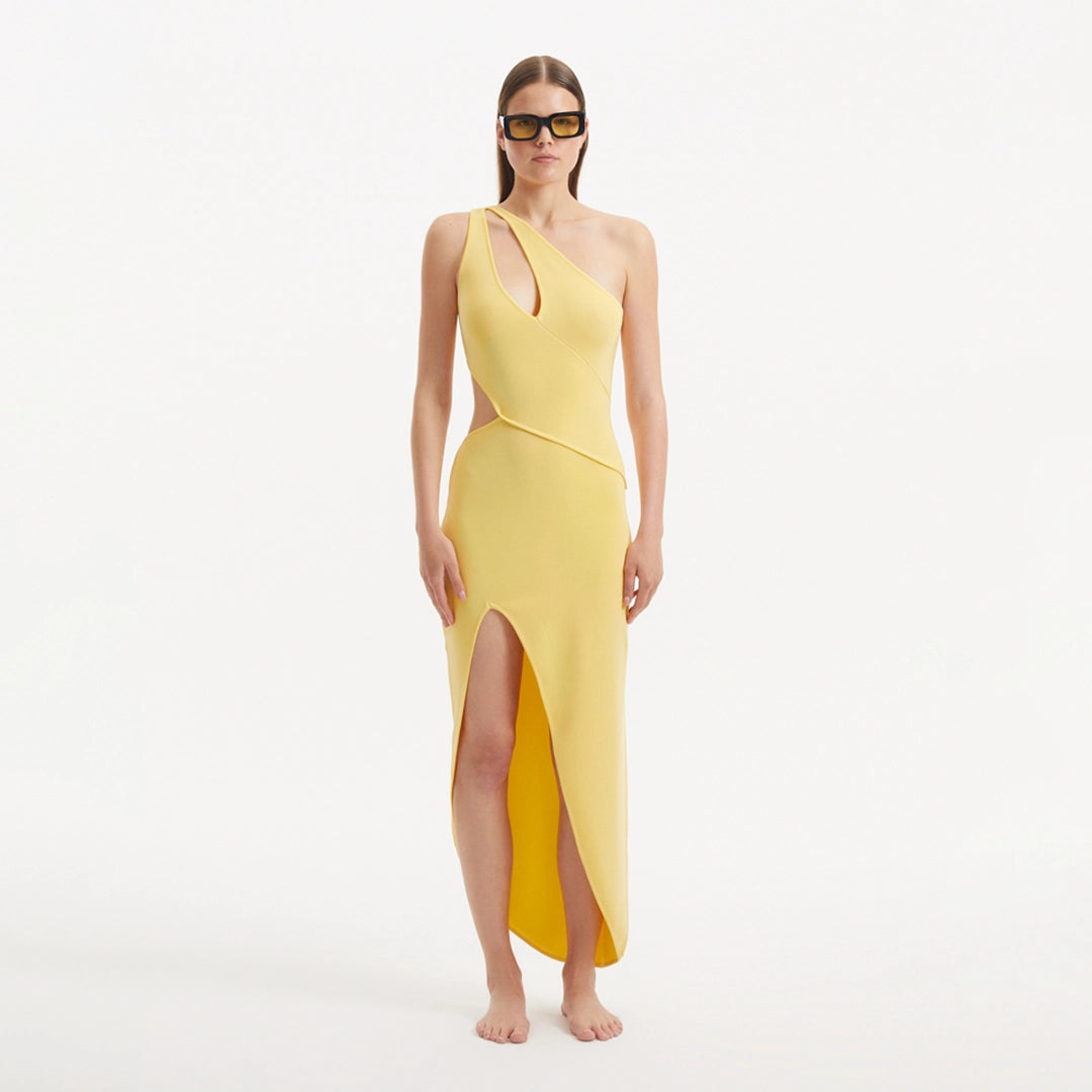 Shore Yellow One-Shoulder Maxi Knitted Dress with Cut-Out Details | Moeva | RTW Dresses | Each week unveils new pieces—luxury swimwear, fluid resort silhouettes, and elevated summer-to-evening essentials designed to carry you from coastal escapes to city nights.