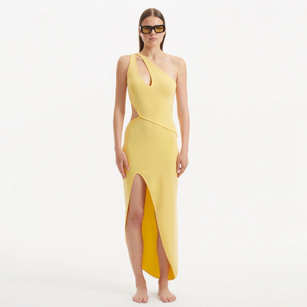 Shore Yellow One-Shoulder Maxi Knitted Dress with Cut-Out Details | Moeva | Dress | Each week unveils new pieces—luxury swimwear, fluid resort silhouettes, and elevated summer-to-evening essentials designed to carry you from coastal escapes to city nights.