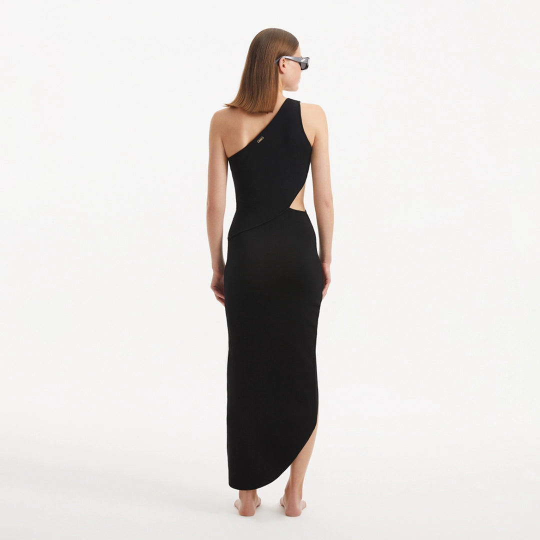 Shore Black One-Shoulder Maxi Knitted Dress with Cut-Out Details | Moeva | RTW Dresses | Each week unveils new pieces—luxury swimwear, fluid resort silhouettes, and elevated summer-to-evening essentials designed to carry you from coastal escapes to city nights.