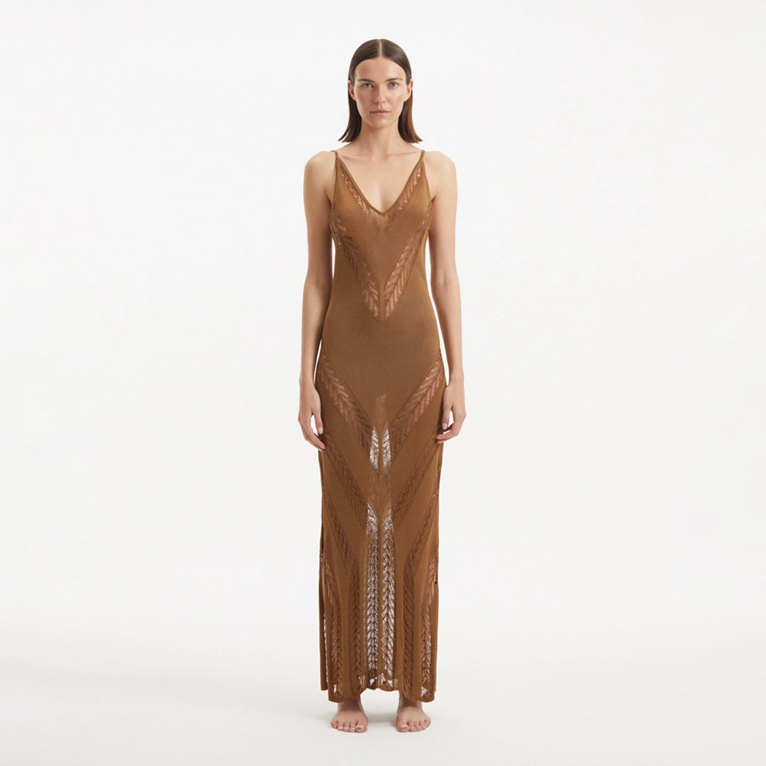 Mimi Brown Knit Sleeveless Maxi Dress | Moeva | Beachwear Dresses | Each week unveils new pieces—luxury swimwear, fluid resort silhouettes, and elevated summer-to-evening essentials designed to carry you from coastal escapes to city nights.
