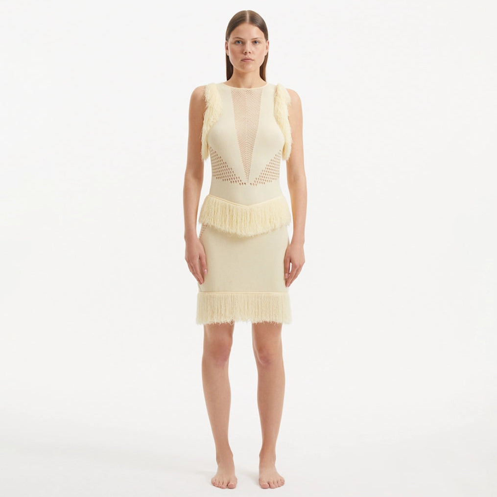 Diani Yellow Fringe Detail Sheer Panel Open Back Mini Dress | Moeva | Dress | Each week unveils new pieces—luxury swimwear, fluid resort silhouettes, and elevated summer-to-evening essentials designed to carry you from coastal escapes to city nights.