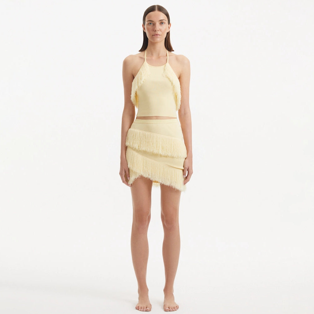 Arlo Yellow Fringe Detail Asymmetric Mini Skirt | Moeva | Skirt | Each week unveils new pieces—luxury swimwear, fluid resort silhouettes, and elevated summer-to-evening essentials designed to carry you from coastal escapes to city nights.
