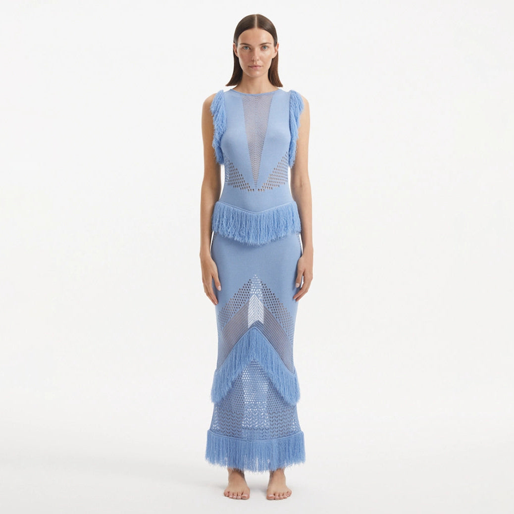 Maris Baby Blue Knitted Maxi Dress with Fringe and Open Back | Moeva | Dress | Each week unveils new pieces—luxury swimwear, fluid resort silhouettes, and elevated summer-to-evening essentials designed to carry you from coastal escapes to city nights.