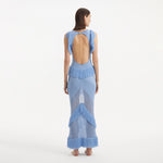 Maris Baby Blue Knitted Maxi Dress with Fringe and Open Back | Moeva | RTW Dresses | Each week unveils new pieces—luxury swimwear, fluid resort silhouettes, and elevated summer-to-evening essentials designed to carry you from coastal escapes to city nights.