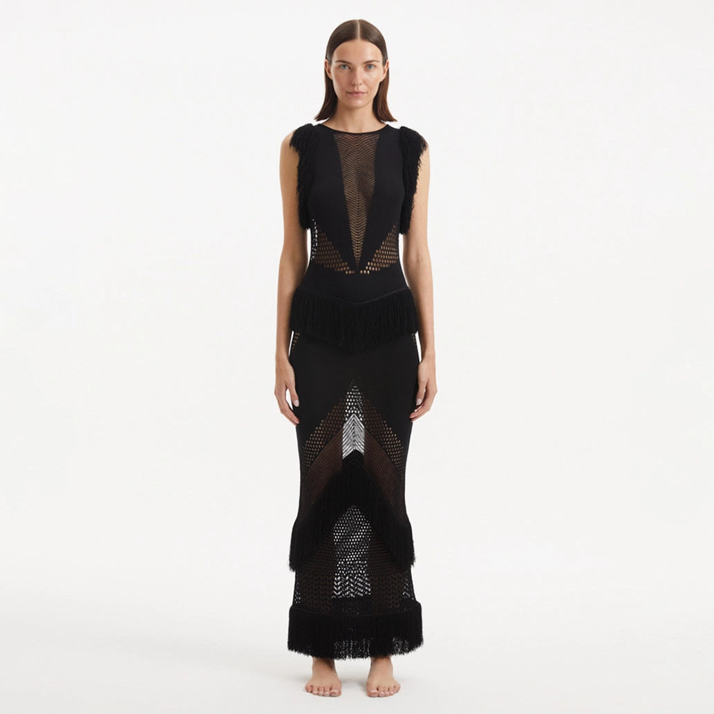 Maris Black Knitted Maxi Dress with Fringe and Open Back | Moeva | Dress | Each week unveils new pieces—luxury swimwear, fluid resort silhouettes, and elevated summer-to-evening essentials designed to carry you from coastal escapes to city nights.