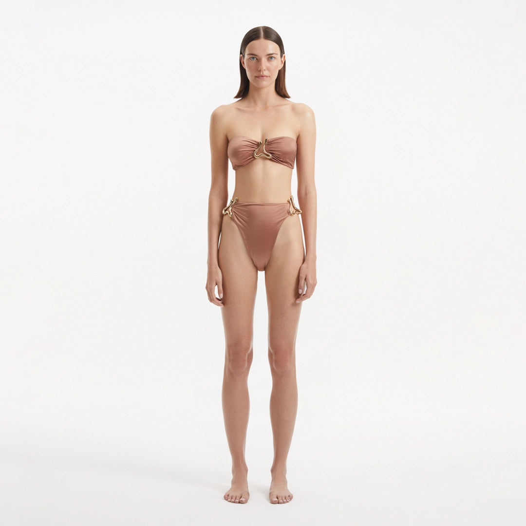 Clyde Brown Bandeau High Waist Satin Bikini Set | Moeva | Bikini Sets | Each week unveils new pieces—luxury swimwear, fluid resort silhouettes, and elevated summer-to-evening essentials designed to carry you from coastal escapes to city nights.