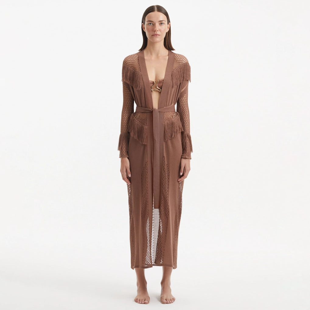 Itzel Brown Knitted Mesh Long-Sleeve Kaftan | Moeva | Kaftan | Each week unveils new pieces—luxury swimwear, fluid resort silhouettes, and elevated summer-to-evening essentials designed to carry you from coastal escapes to city nights.