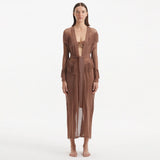 Itzel Brown Knitted Mesh Long-Sleeve Kaftan | Moeva | Kaftan | Each week unveils new pieces—luxury swimwear, fluid resort silhouettes, and elevated summer-to-evening essentials designed to carry you from coastal escapes to city nights.
