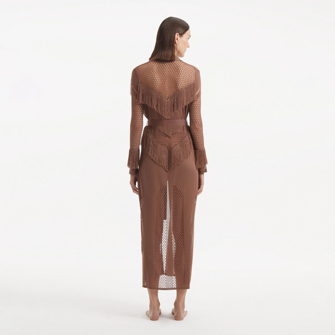 Itzel Brown Knitted Mesh Long-Sleeve Kaftan | Moeva | Kaftan | Each week unveils new pieces—luxury swimwear, fluid resort silhouettes, and elevated summer-to-evening essentials designed to carry you from coastal escapes to city nights.