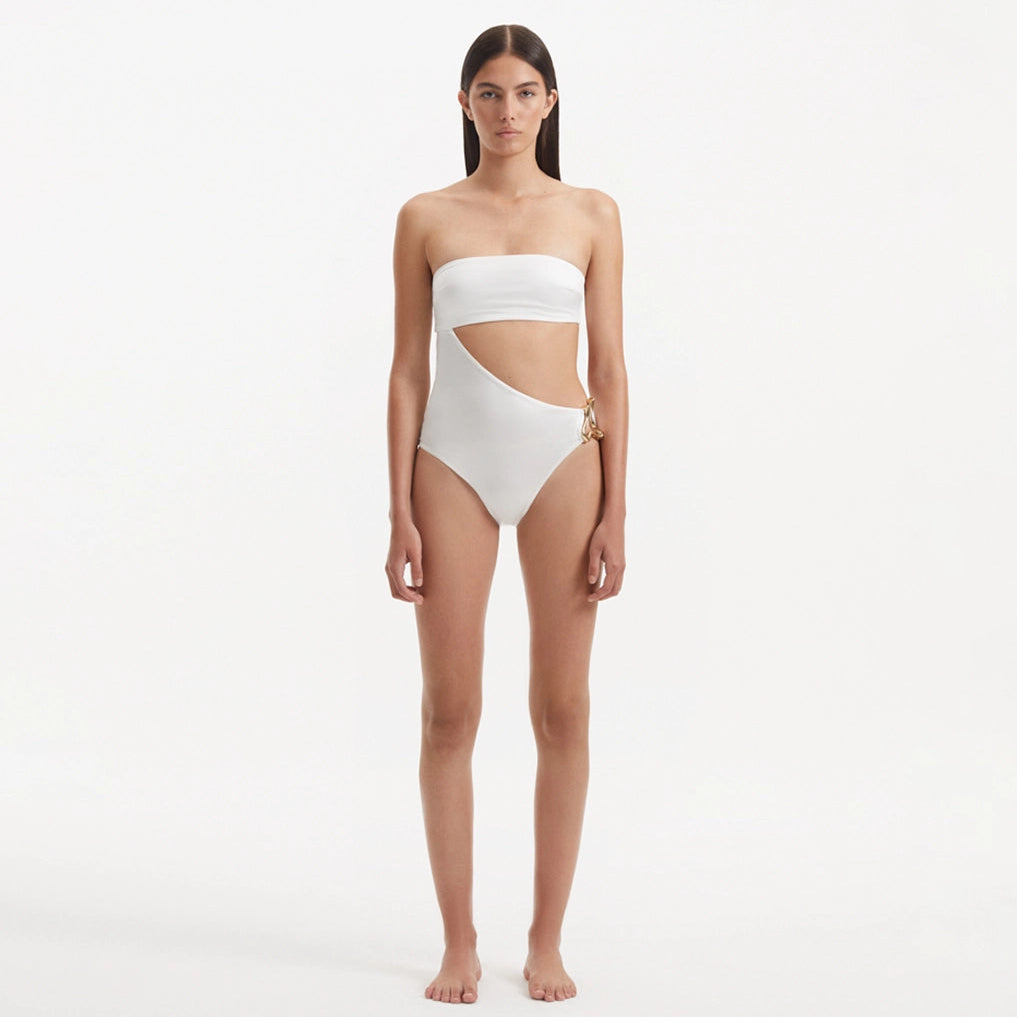 Marilla White Bandeau Satin Swimsuit | Moeva | Swimsuit | Each week unveils new pieces—luxury swimwear, fluid resort silhouettes, and elevated summer-to-evening essentials designed to carry you from coastal escapes to city nights.