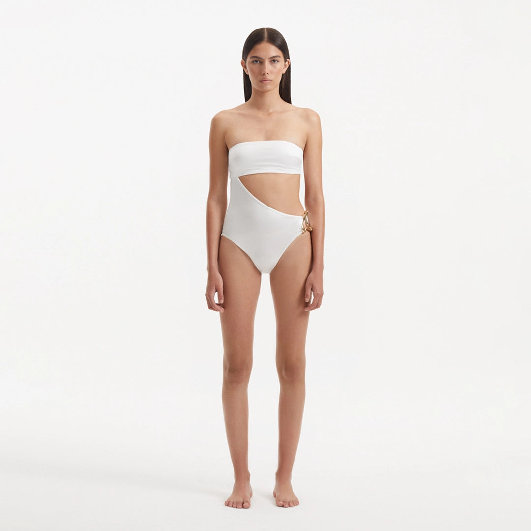 Marilla White Bandeau Satin Swimsuit | Moeva | Swimsuit | Each week unveils new pieces—luxury swimwear, fluid resort silhouettes, and elevated summer-to-evening essentials designed to carry you from coastal escapes to city nights.