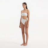 Marilla White Bandeau Satin Swimsuit | Moeva | Swimsuit | Each week unveils new pieces—luxury swimwear, fluid resort silhouettes, and elevated summer-to-evening essentials designed to carry you from coastal escapes to city nights.