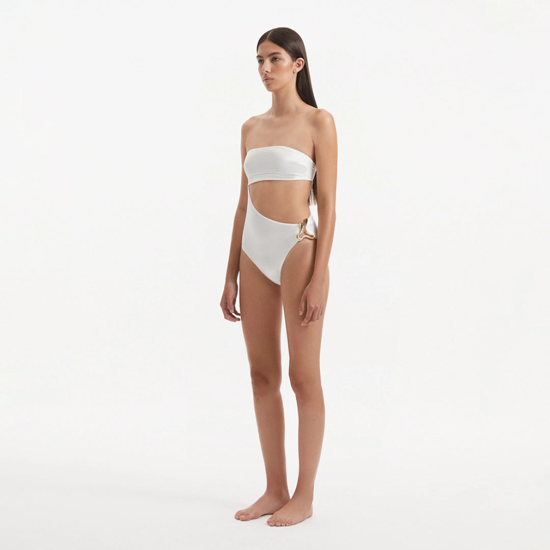 Marilla White Bandeau Satin Swimsuit | Moeva | Swimsuit | Each week unveils new pieces—luxury swimwear, fluid resort silhouettes, and elevated summer-to-evening essentials designed to carry you from coastal escapes to city nights.