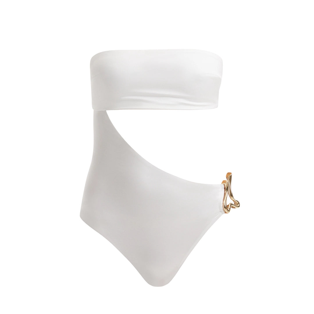 Marilla White Bandeau Satin Swimsuit | Moeva | Swimsuit | Each week unveils new pieces—luxury swimwear, fluid resort silhouettes, and elevated summer-to-evening essentials designed to carry you from coastal escapes to city nights.