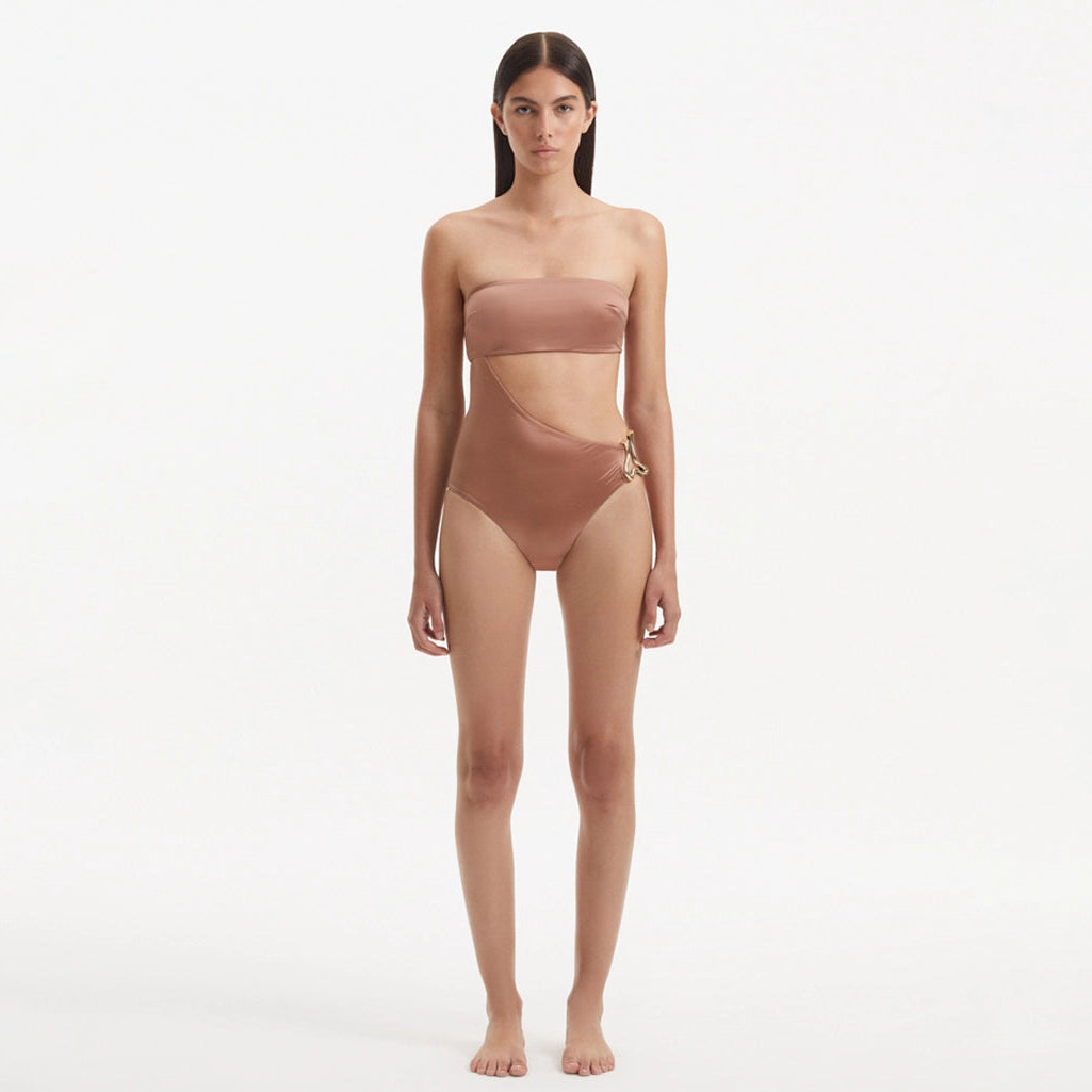 Marilla Brown Bandeau Satin Swimsuit | Moeva | Swimsuit | Each week unveils new pieces—luxury swimwear, fluid resort silhouettes, and elevated summer-to-evening essentials designed to carry you from coastal escapes to city nights.