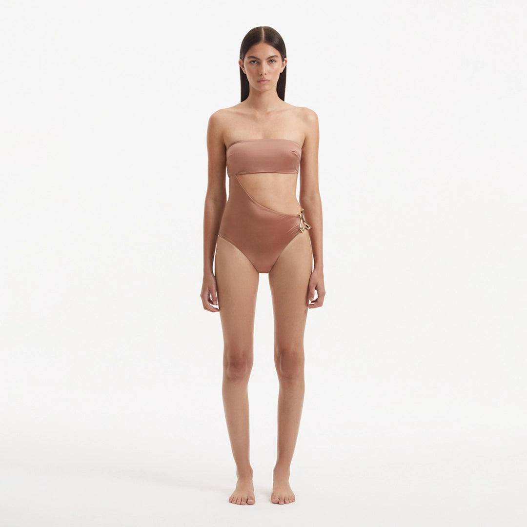 Marilla Brown Bandeau Satin Swimsuit | Moeva | Swimsuit | Each week unveils new pieces—luxury swimwear, fluid resort silhouettes, and elevated summer-to-evening essentials designed to carry you from coastal escapes to city nights.