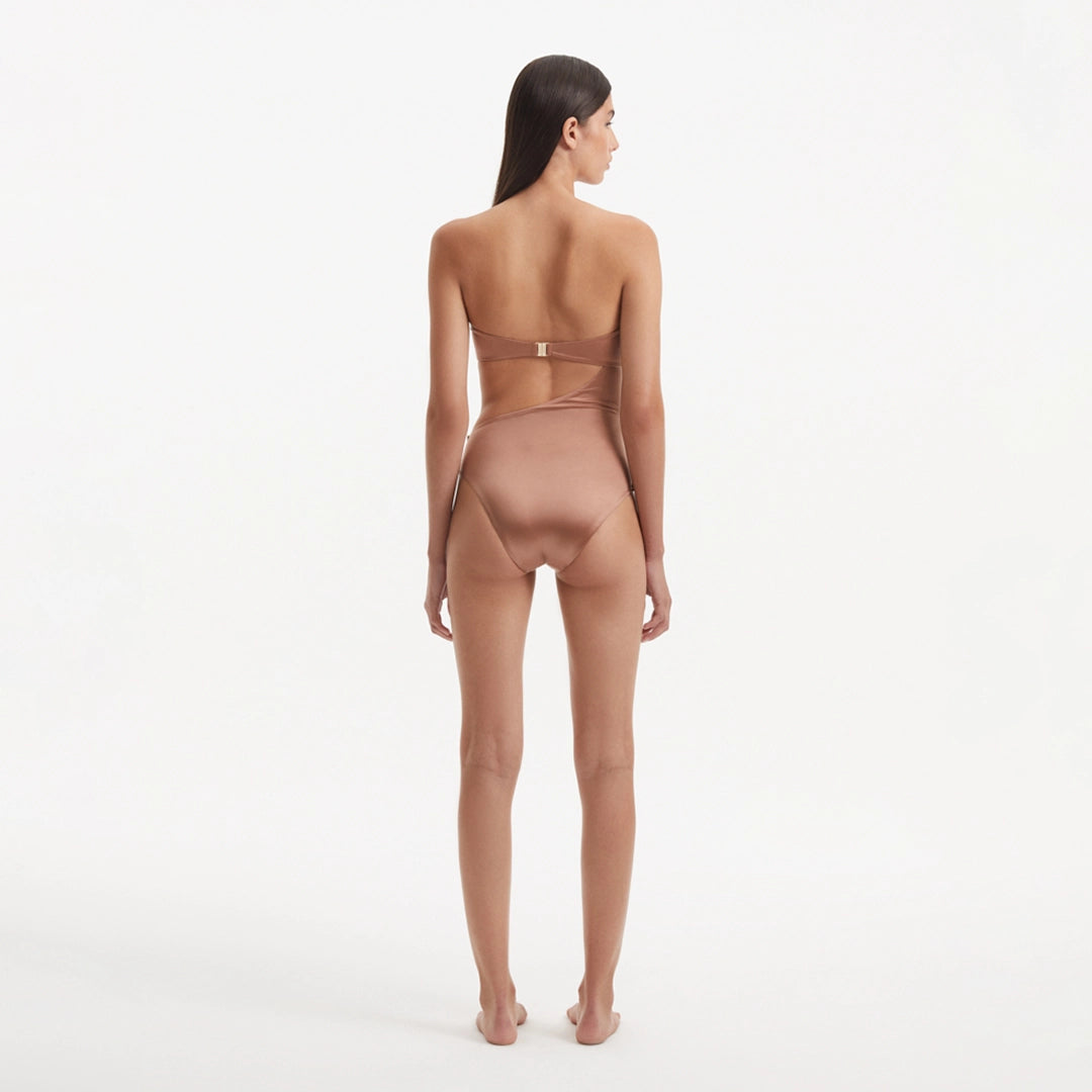 Marilla Brown Bandeau Satin Swimsuit | Moeva | Swimsuit | Each week unveils new pieces—luxury swimwear, fluid resort silhouettes, and elevated summer-to-evening essentials designed to carry you from coastal escapes to city nights.