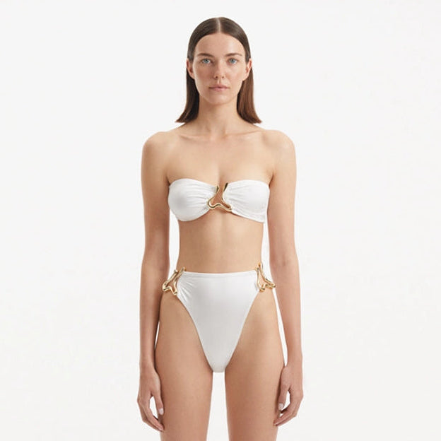 Clyde White Bandeau High Waist Satin Bikini Set | Moeva | Bikini Set | Each week unveils new pieces—luxury swimwear, fluid resort silhouettes, and elevated summer-to-evening essentials designed to carry you from coastal escapes to city nights.