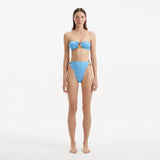 Clyde Baby Blue Bandeau High Waist Satin Bikini Set | Moeva | Bikini Sets | Each week unveils new pieces—luxury swimwear, fluid resort silhouettes, and elevated summer-to-evening essentials designed to carry you from coastal escapes to city nights.