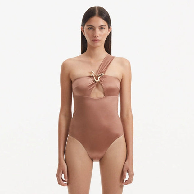 Halin Brown One Shoulder Satin Swimsuit | Moeva | Swimsuit | Each week unveils new pieces—luxury swimwear, fluid resort silhouettes, and elevated summer-to-evening essentials designed to carry you from coastal escapes to city nights.