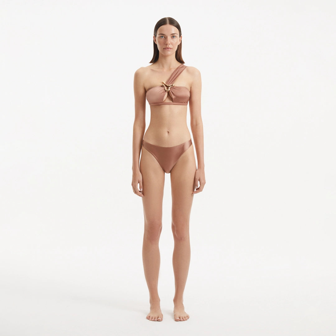 Sereia Brown One Shoulder Mid Coverage Satin Bikini Set | Moeva | Bikini Set | Each week unveils new pieces—luxury swimwear, fluid resort silhouettes, and elevated summer-to-evening essentials designed to carry you from coastal escapes to city nights.