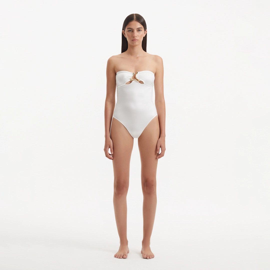 Kenna White Bandeau Satin Swimsuit | Moeva | Swimsuit | Each week unveils new pieces—luxury swimwear, fluid resort silhouettes, and elevated summer-to-evening essentials designed to carry you from coastal escapes to city nights.