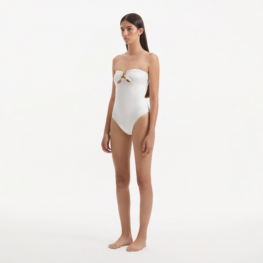 Kenna White Bandeau Satin Swimsuit | Moeva | Swimsuit | Each week unveils new pieces—luxury swimwear, fluid resort silhouettes, and elevated summer-to-evening essentials designed to carry you from coastal escapes to city nights.
