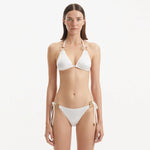 Rhea White Triangle Side Tie Satin Bikini Set | Moeva | Bikini Set | Each week unveils new pieces—luxury swimwear, fluid resort silhouettes, and elevated summer-to-evening essentials designed to carry you from coastal escapes to city nights.