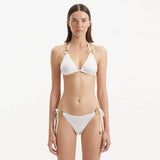 Rhea White Triangle Side Tie Satin Bikini Set | Moeva | Bikini Set | Each week unveils new pieces—luxury swimwear, fluid resort silhouettes, and elevated summer-to-evening essentials designed to carry you from coastal escapes to city nights.