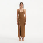 Raine Brown Knit Maxi Dress with Side Slit & Button Detail | Moeva | RTW Dresses | Each week unveils new pieces—luxury swimwear, fluid resort silhouettes, and elevated summer-to-evening essentials designed to carry you from coastal escapes to city nights.