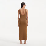 Raine Brown Knit Maxi Dress with Side Slit & Button Detail | Moeva | RTW Dresses | Each week unveils new pieces—luxury swimwear, fluid resort silhouettes, and elevated summer-to-evening essentials designed to carry you from coastal escapes to city nights.