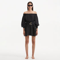 Sumner Black Off-Shoulder Linen Mini Dress | Moeva | Dress | Each week unveils new pieces—luxury swimwear, fluid resort silhouettes, and elevated summer-to-evening essentials designed to carry you from coastal escapes to city nights.
