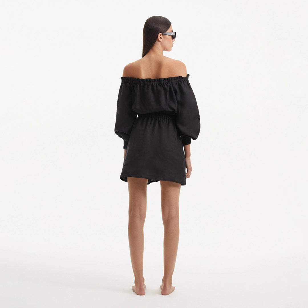 Sumner Black Off-Shoulder Linen Mini Dress | Moeva | Dress | Each week unveils new pieces—luxury swimwear, fluid resort silhouettes, and elevated summer-to-evening essentials designed to carry you from coastal escapes to city nights.