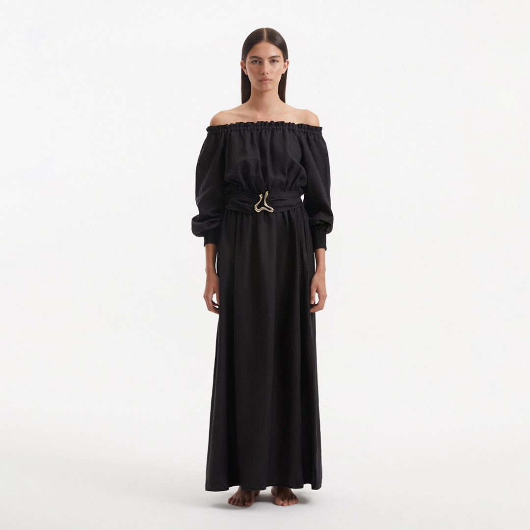 Sumner Black Off-Shoulder Linen Mini Dress | Moeva | RTW Dresses | Each week unveils new pieces—luxury swimwear, fluid resort silhouettes, and elevated summer-to-evening essentials designed to carry you from coastal escapes to city nights.