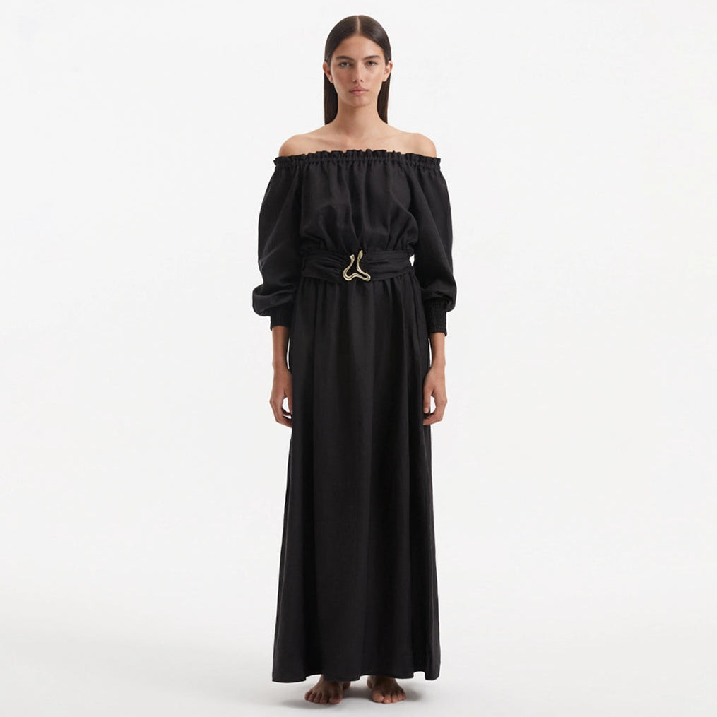 Dante Black Off-Shoulder Maxi Dress with Belted Waist | Moeva | Dress | Each week unveils new pieces—luxury swimwear, fluid resort silhouettes, and elevated summer-to-evening essentials designed to carry you from coastal escapes to city nights.