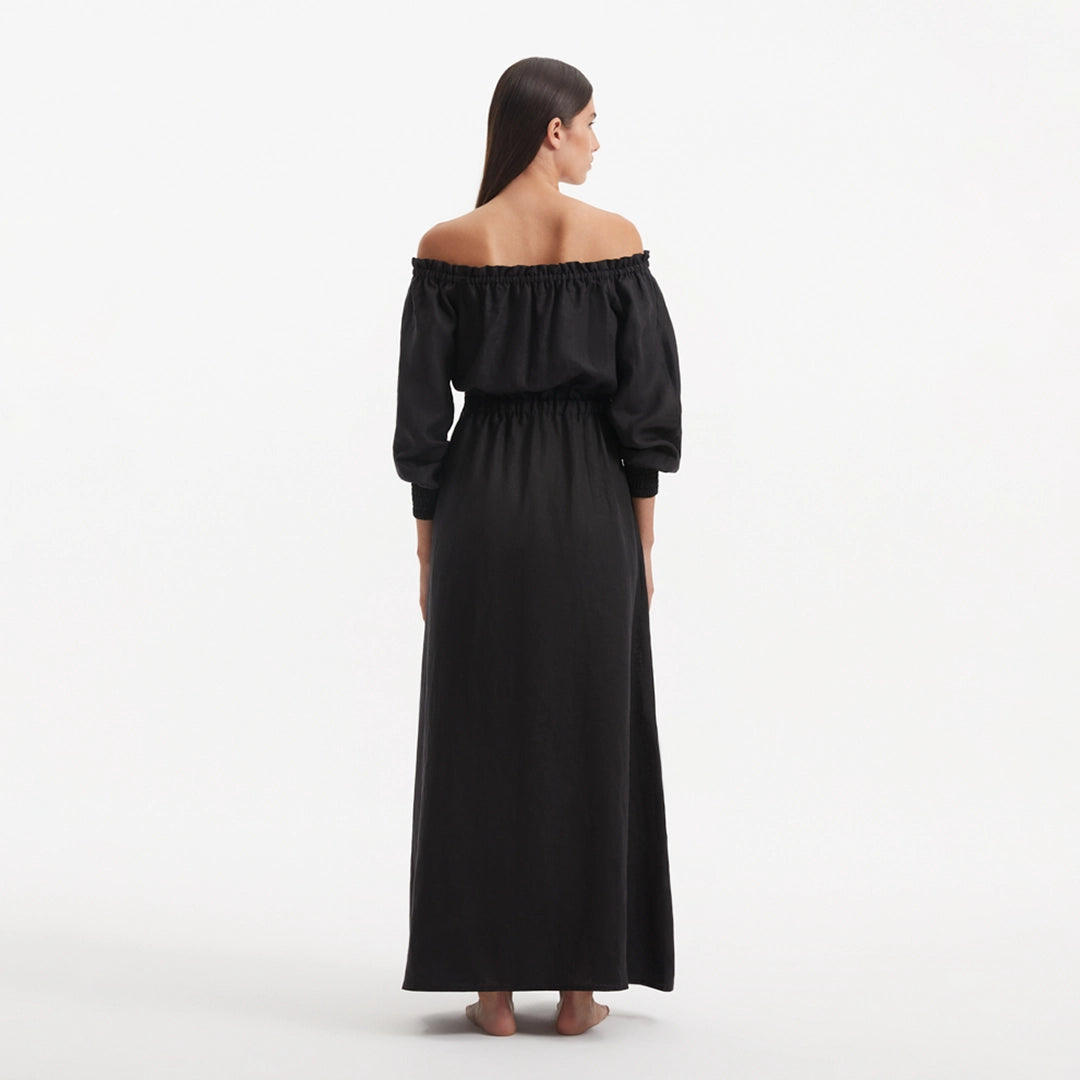Sumner Black Off-Shoulder Linen Mini Dress | Moeva | RTW Dresses | Each week unveils new pieces—luxury swimwear, fluid resort silhouettes, and elevated summer-to-evening essentials designed to carry you from coastal escapes to city nights.