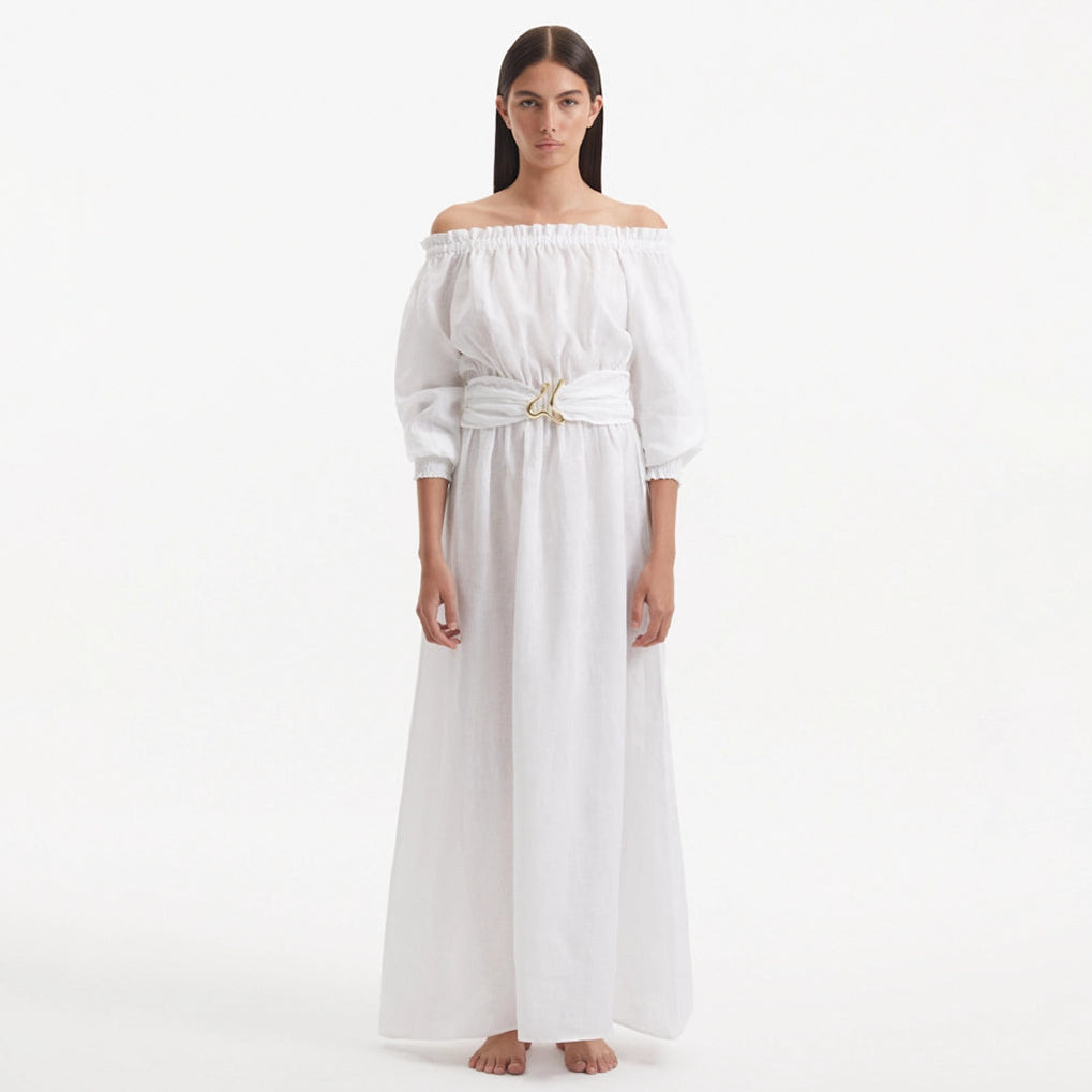 Dante White Off-Shoulder Maxi Dress with Belted Waist | Moeva | Dress | Each week unveils new pieces—luxury swimwear, fluid resort silhouettes, and elevated summer-to-evening essentials designed to carry you from coastal escapes to city nights.