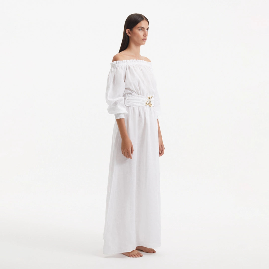 Dante White Off-Shoulder Maxi Dress with Belted Waist | Moeva | RTW Dresses | Each week unveils new pieces—luxury swimwear, fluid resort silhouettes, and elevated summer-to-evening essentials designed to carry you from coastal escapes to city nights.