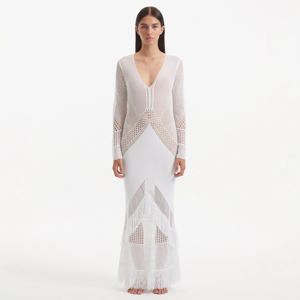 Elba White Long Sleeve Knit Fringe Maxi Dress | Moeva | Dress | Each week unveils new pieces—luxury swimwear, fluid resort silhouettes, and elevated summer-to-evening essentials designed to carry you from coastal escapes to city nights.