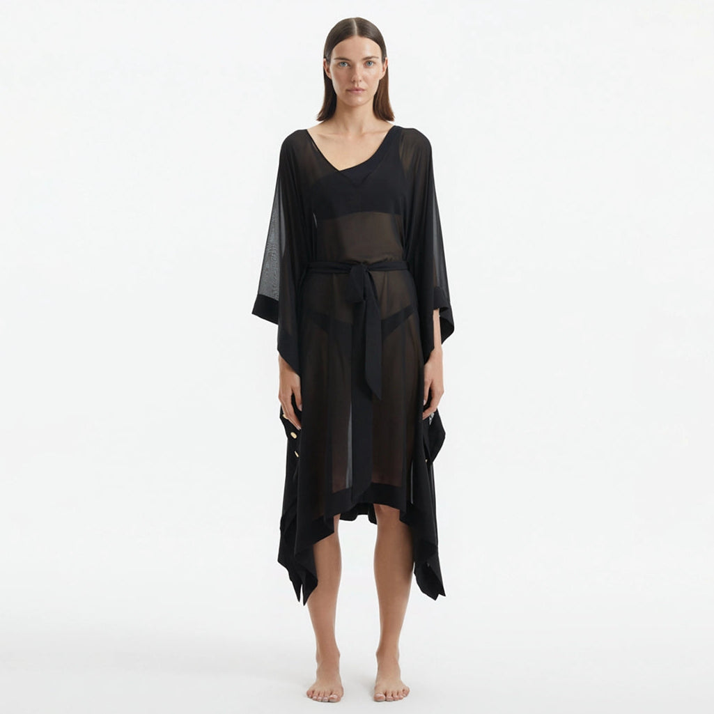 Opal Black Sheer Gold Buttoned Belted Kaftan | Moeva | Kaftan | Each week unveils new pieces—luxury swimwear, fluid resort silhouettes, and elevated summer-to-evening essentials designed to carry you from coastal escapes to city nights.