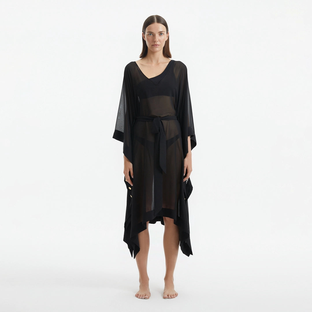 Opal Black Sheer Gold Buttoned Belted Kaftan | Moeva | Kaftan | Each week unveils new pieces—luxury swimwear, fluid resort silhouettes, and elevated summer-to-evening essentials designed to carry you from coastal escapes to city nights.