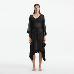 Opal Black Sheer Gold Buttoned Belted Kaftan | Moeva | Kaftans | Each week unveils new pieces—luxury swimwear, fluid resort silhouettes, and elevated summer-to-evening essentials designed to carry you from coastal escapes to city nights.
