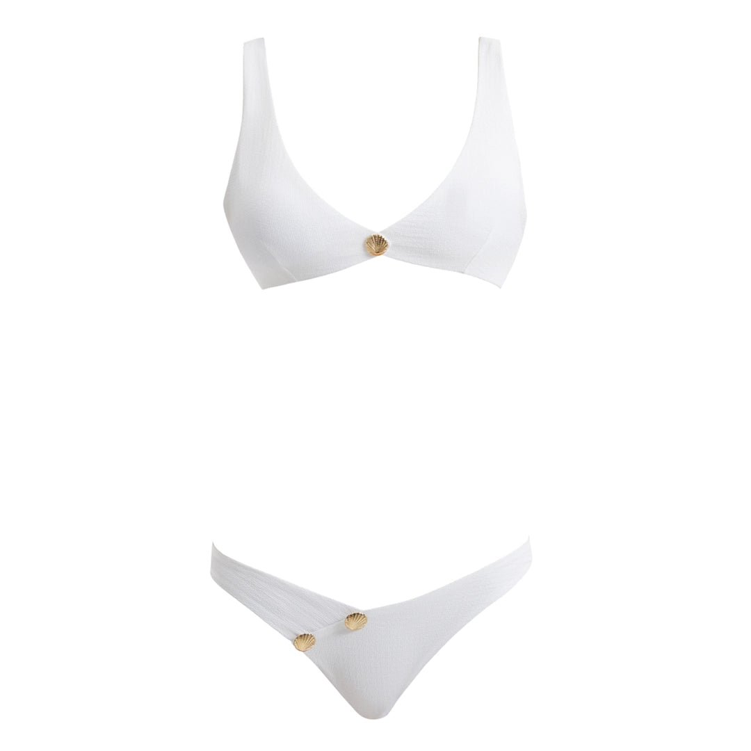 Aeron White V Neck Textured Mid Coverage Bikini Set | Moeva | Bikini Set | Each week unveils new pieces—luxury swimwear, fluid resort silhouettes, and elevated summer-to-evening essentials designed to carry you from coastal escapes to city nights.