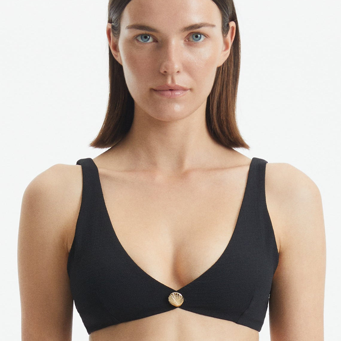 Aeron Black V Neck Textured Bikini Top | Moeva | Bikini Top | Each week unveils new pieces—luxury swimwear, fluid resort silhouettes, and elevated summer-to-evening essentials designed to carry you from coastal escapes to city nights.