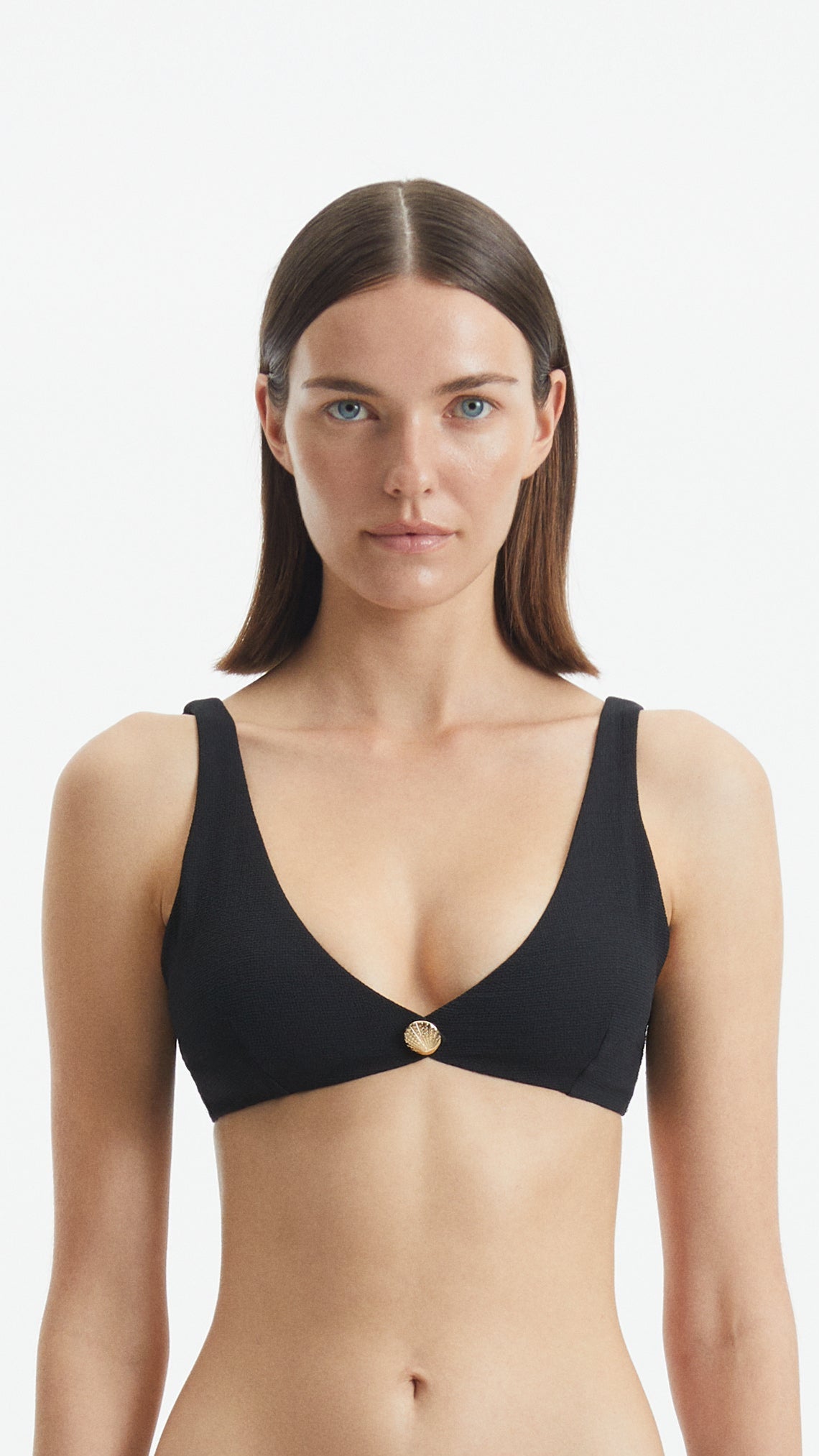 Aeron Black V Neck Textured Bikini Top | Moeva | Bikini Top | Each week unveils new pieces—luxury swimwear, fluid resort silhouettes, and elevated summer-to-evening essentials designed to carry you from coastal escapes to city nights.