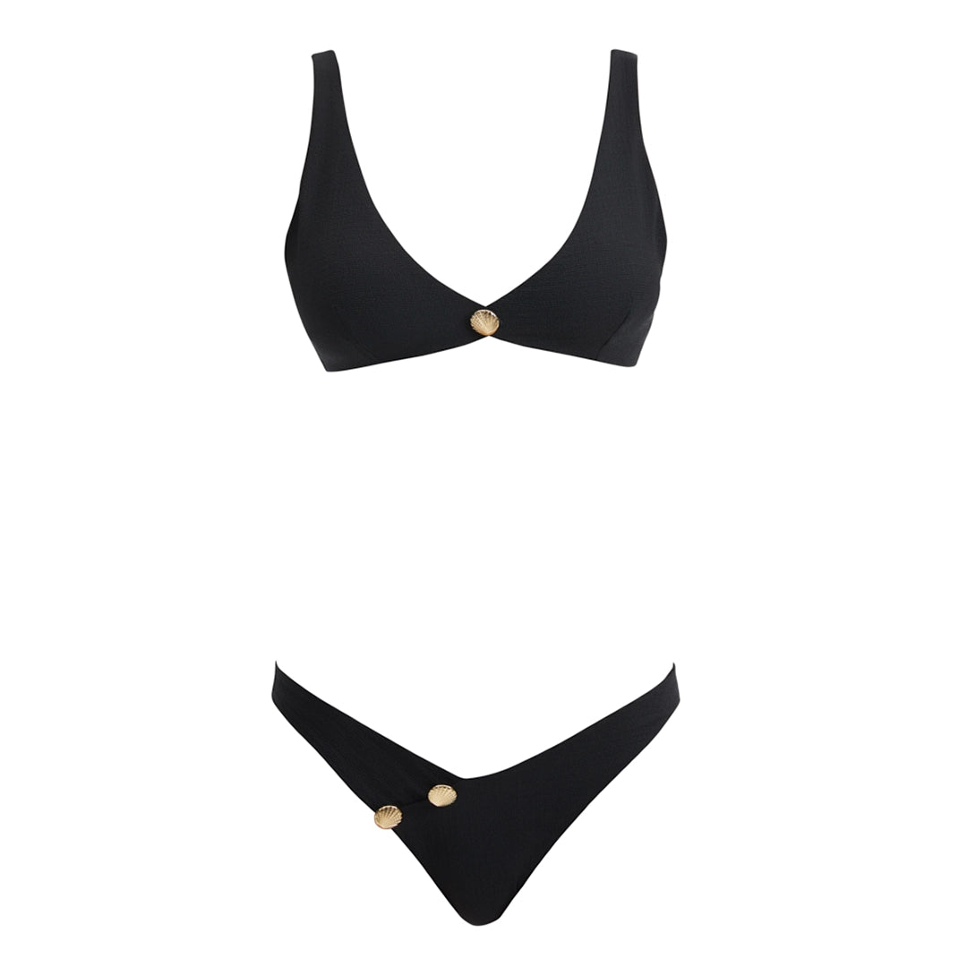 Aeron Black V Neck Textured Mid Coverage Bikini Set | Moeva | Bikini Set | Each week unveils new pieces—luxury swimwear, fluid resort silhouettes, and elevated summer-to-evening essentials designed to carry you from coastal escapes to city nights.