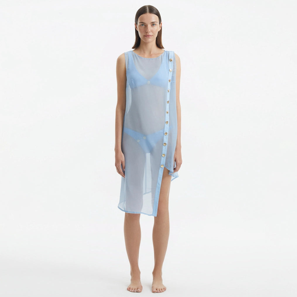 Adora Baby Blue Sheer Sleeveless Asymmetric Dress with Gold Button Detail | Moeva | Dress | Each week unveils new pieces—luxury swimwear, fluid resort silhouettes, and elevated summer-to-evening essentials designed to carry you from coastal escapes to city nights.