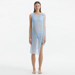 Adora Baby Blue Sheer Sleeveless Asymmetric Dress with Gold Button Detail | Moeva | Dress | Each week unveils new pieces—luxury swimwear, fluid resort silhouettes, and elevated summer-to-evening essentials designed to carry you from coastal escapes to city nights.