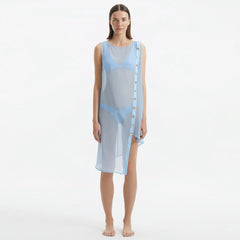Adora Baby Blue Sheer Sleeveless Asymmetric Dress with Gold Button Detail | Moeva | Dress | Each week unveils new pieces—luxury swimwear, fluid resort silhouettes, and elevated summer-to-evening essentials designed to carry you from coastal escapes to city nights.
